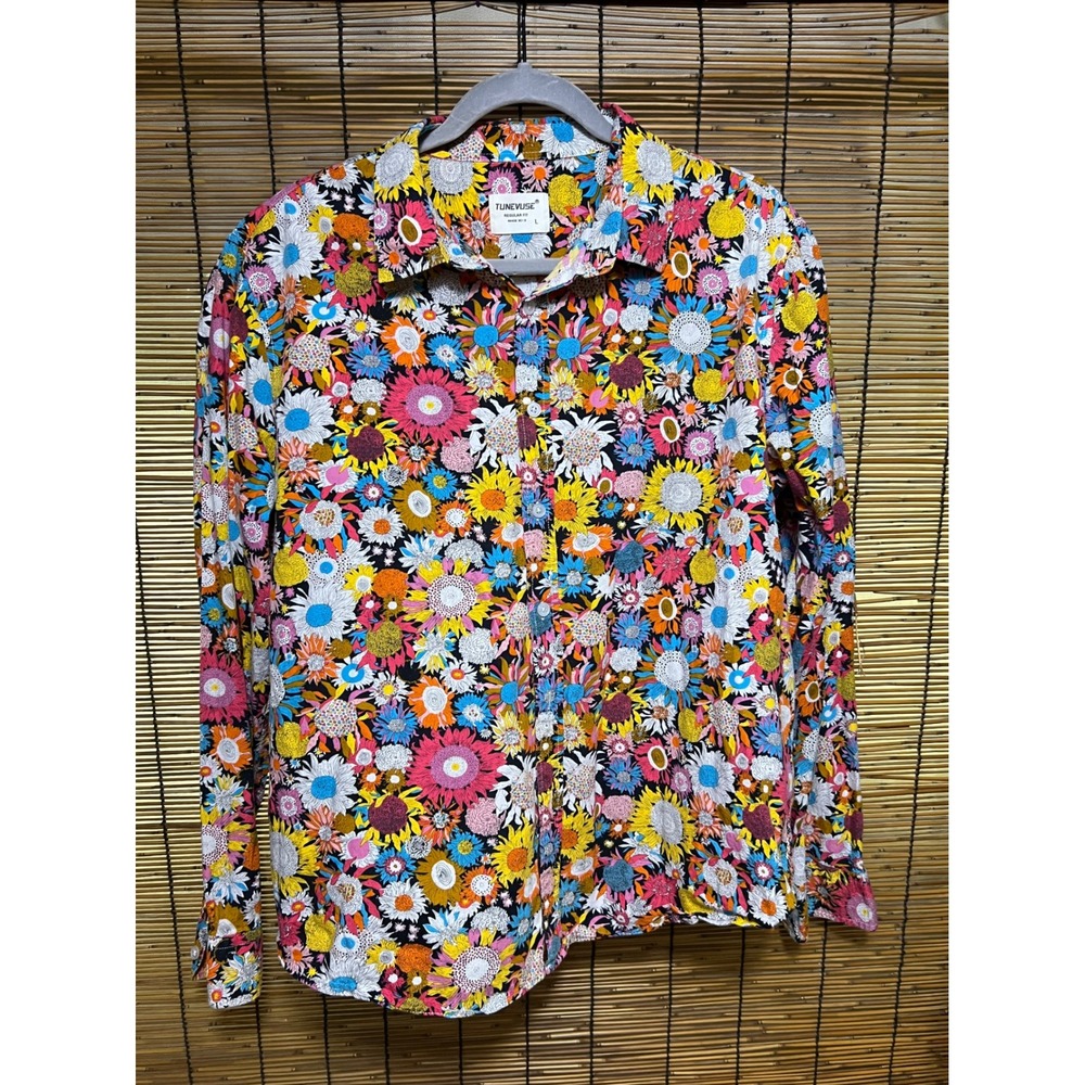 Tunevuse Size L Button Down Shirt Floral Sunflower Print 100% Cotton Multi Color